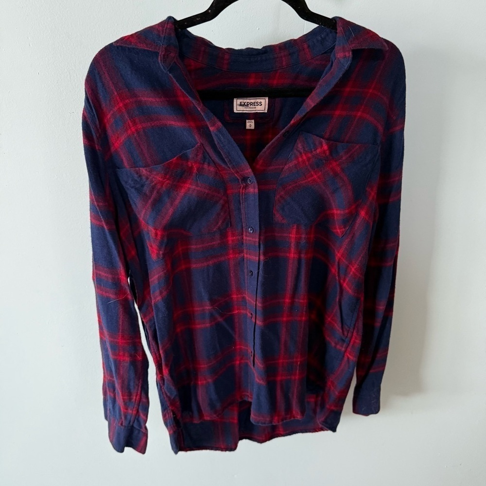 Express Boyfriend Button Up Top Womans Medium Plaid Blue Long Sleeve Collared